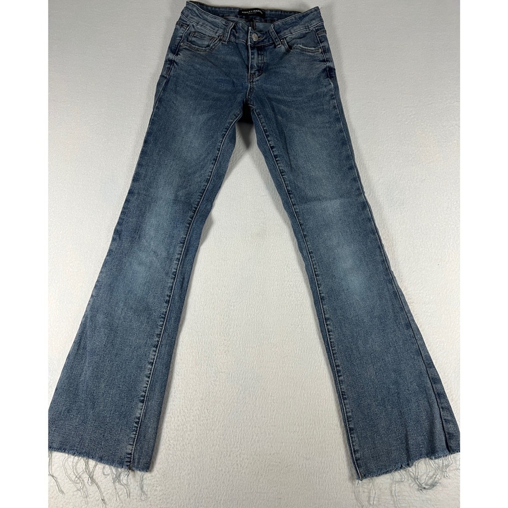 Ashley Mason Premium Flare Jeans Womens 0/24 Blue Good Frayed Hem Distressed